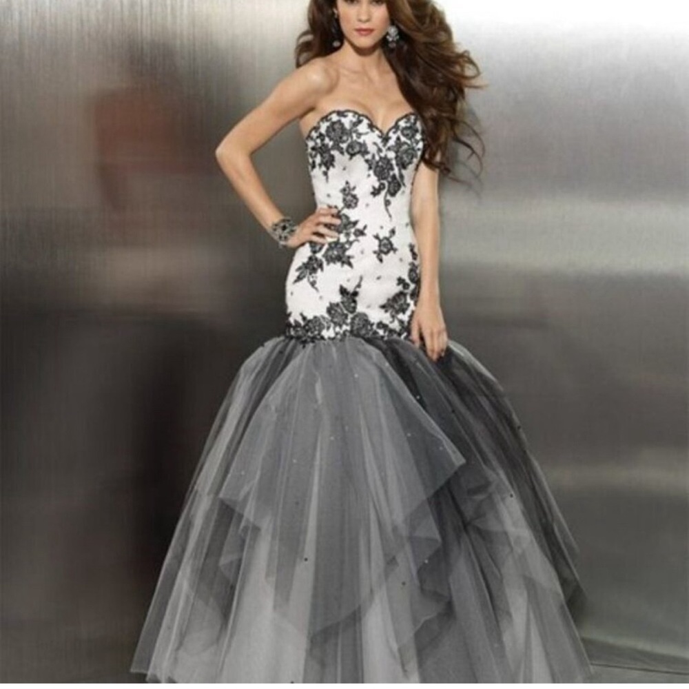Amelia Couture Strapless Tulle Gown Fitted Floral Corset Bodice Full Skirt Dress